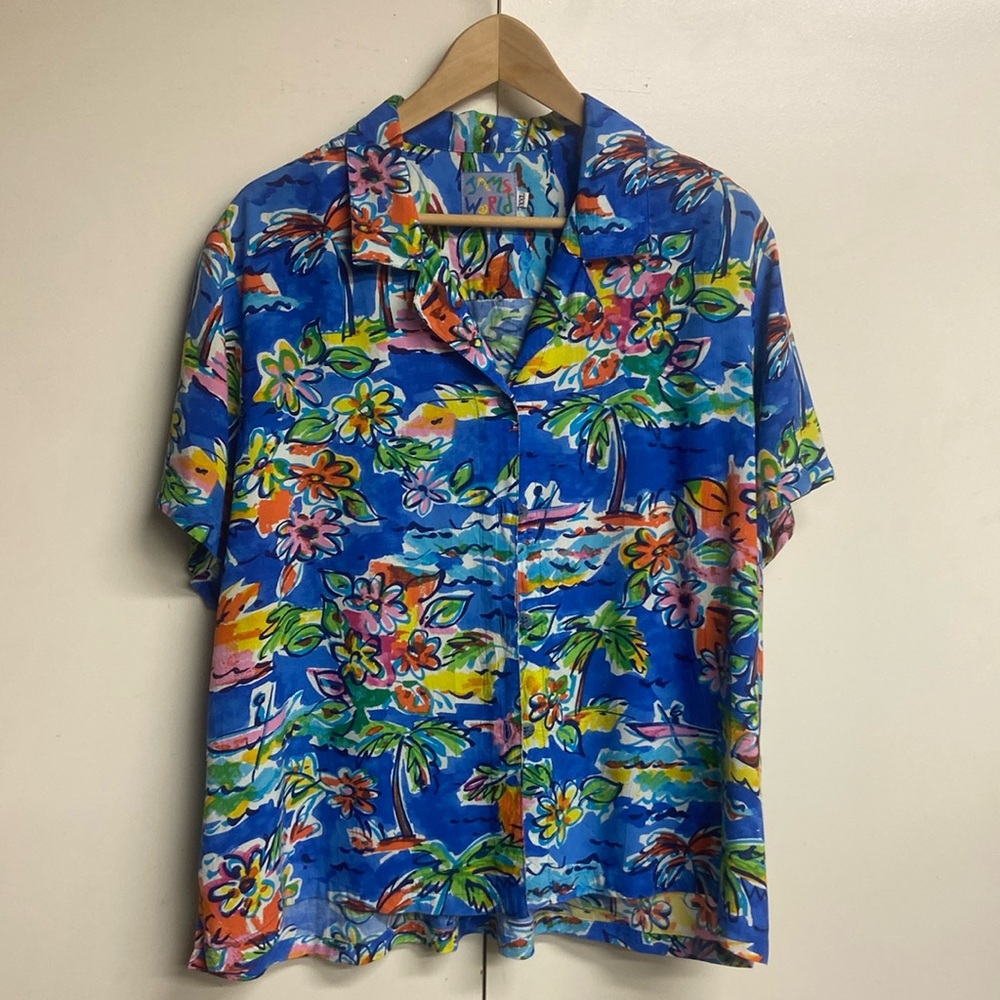 Women's Blue Tropical Button-Down Shirt